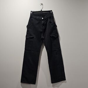 SHEIN Black Cargo High-Waist Straight Leg Jeans